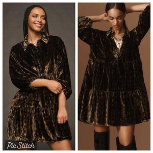 Maeve Anthropologie Bettina Tiered Shirt Dress Velvet Edition Brown Size L $168